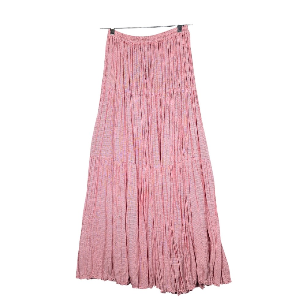 Vtg Cactus Flower Red Gingham Broomstick Maxi Skirt Tiered Challis One Size USA